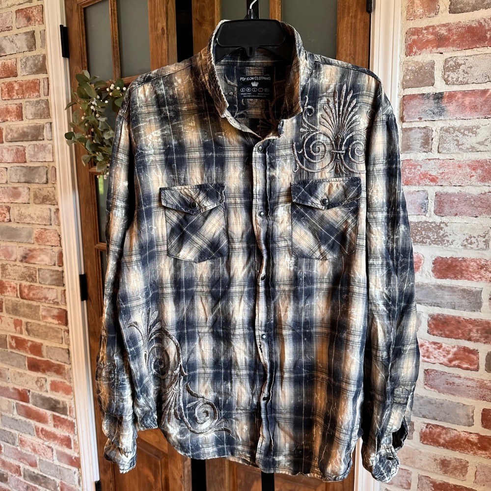 Pop Icon Clothing Button Down Shirt Men XL Black Tan Plaid Embroidered Y2K